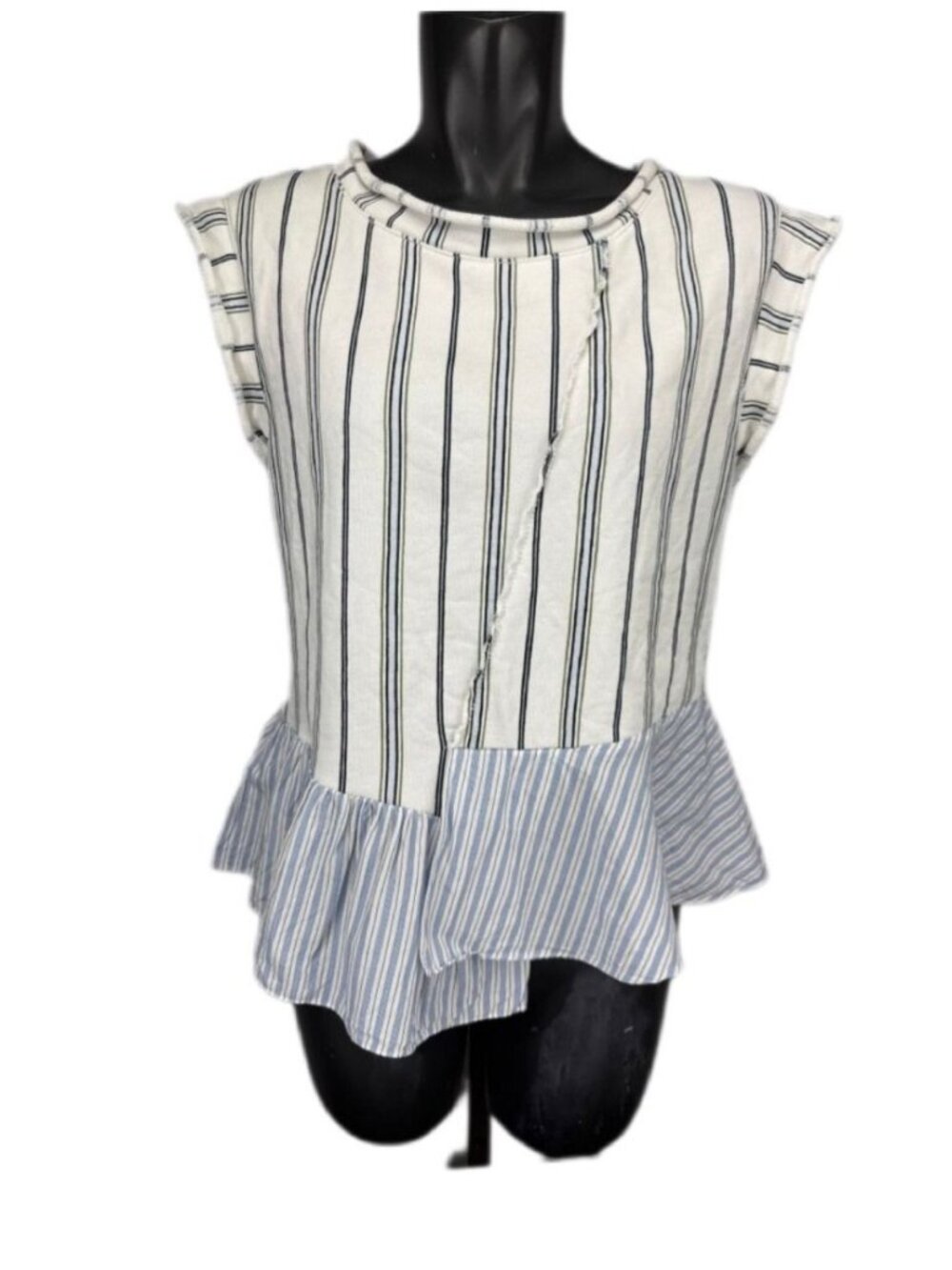 3.1 PHILLIP LIM Peplum Cotton Striped Ruffle-Hem White Blue T-shirt Blouse L